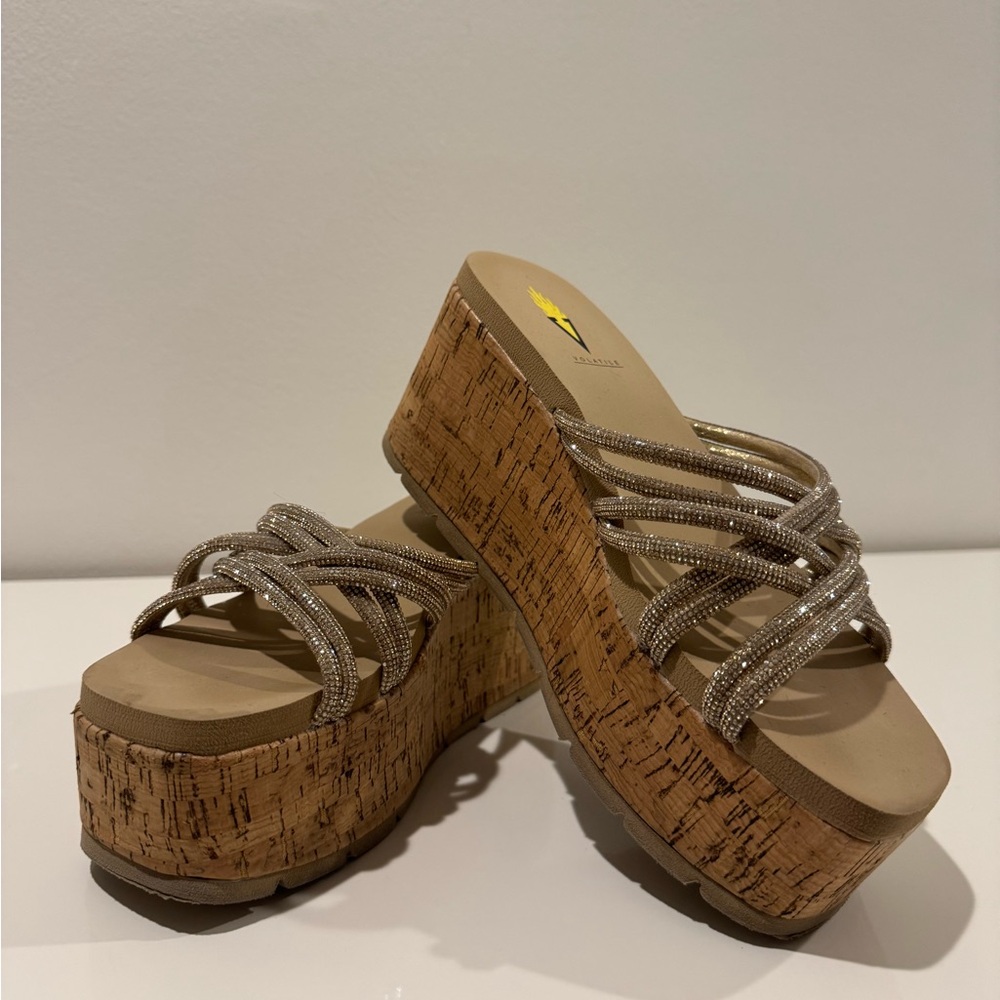 Volatile Cork Wedges With Shimmery Gold/Champagne Straps